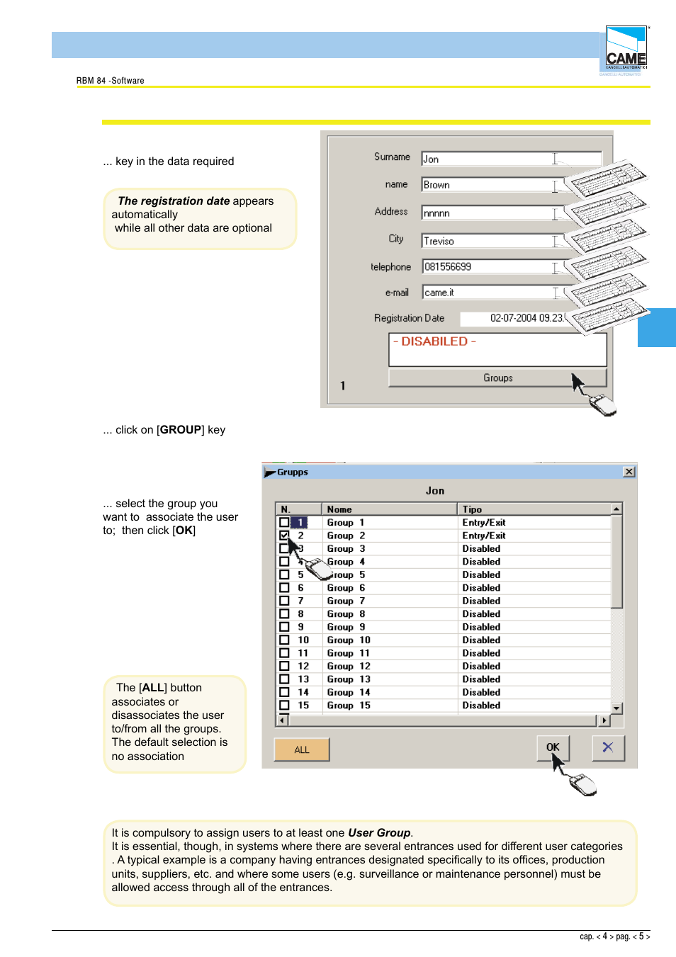 Software - configuration users, Registering a new user | CAME Rbm84 User Manual | Page 49 / 81