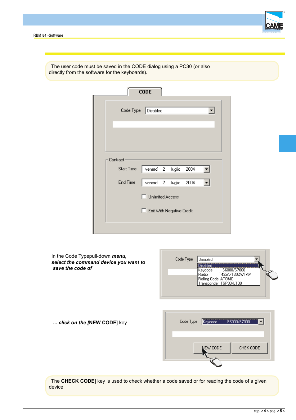 Software - configuration users, Saving the user code | CAME Rbm84 User Manual | Page 50 / 81