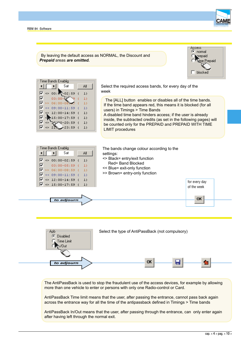 Software - configuration users, Normal access procedure, Antipassback | CAME Rbm84 User Manual | Page 54 / 81