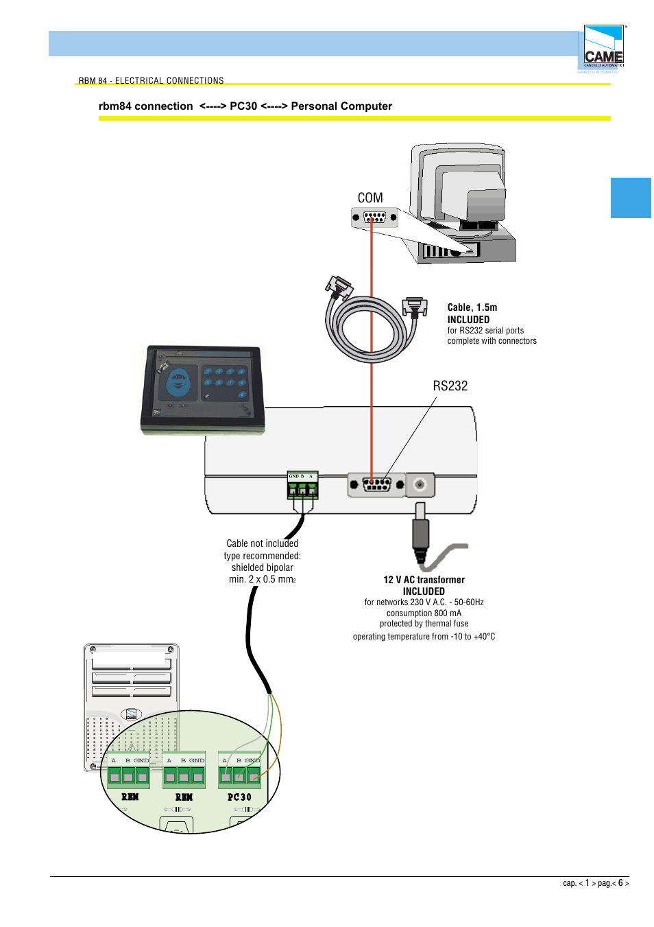 Hardware - connections, P sio 1, Cap1 | R em, R em p c 30, D ig ita l in p u t | CAME Rbm84 User Manual | Page 6 / 81