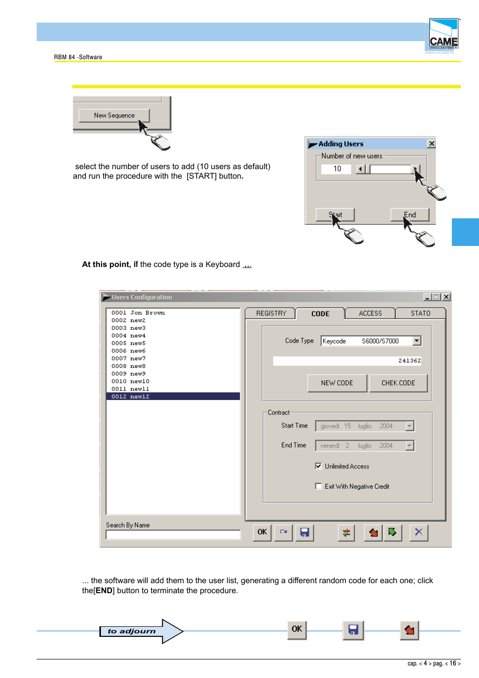 Software - configuration users, Adding a given number of users | CAME Rbm84 User Manual | Page 60 / 81