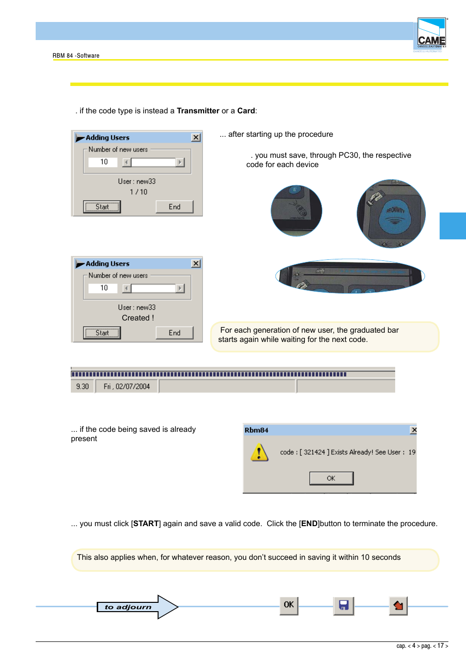 Software - configuration users, Adding a given number of users | CAME Rbm84 User Manual | Page 61 / 81