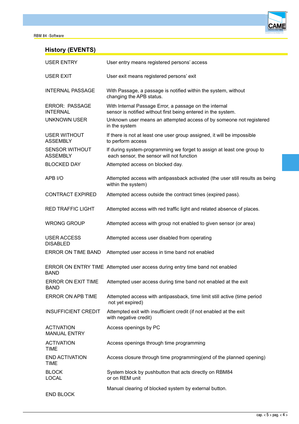 Software - updates - daily history, History (events) | CAME Rbm84 User Manual | Page 66 / 81