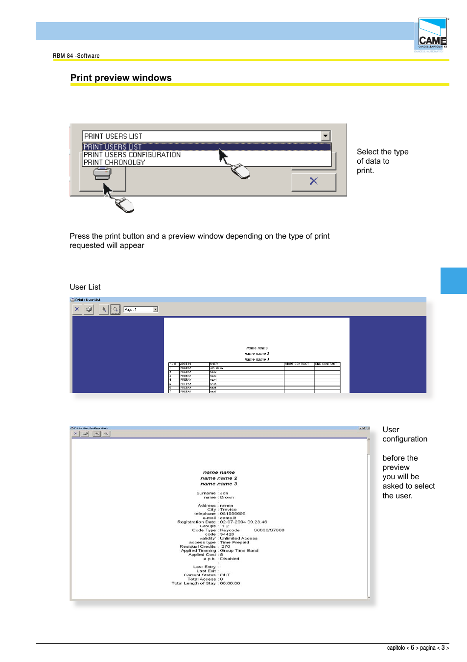 Software - stampe, Print preview windows | CAME Rbm84 User Manual | Page 71 / 81