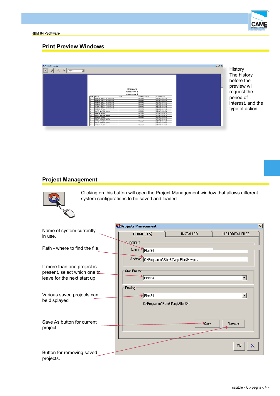 Software - stampe, Print preview windows, Project management | CAME Rbm84 User Manual | Page 72 / 81