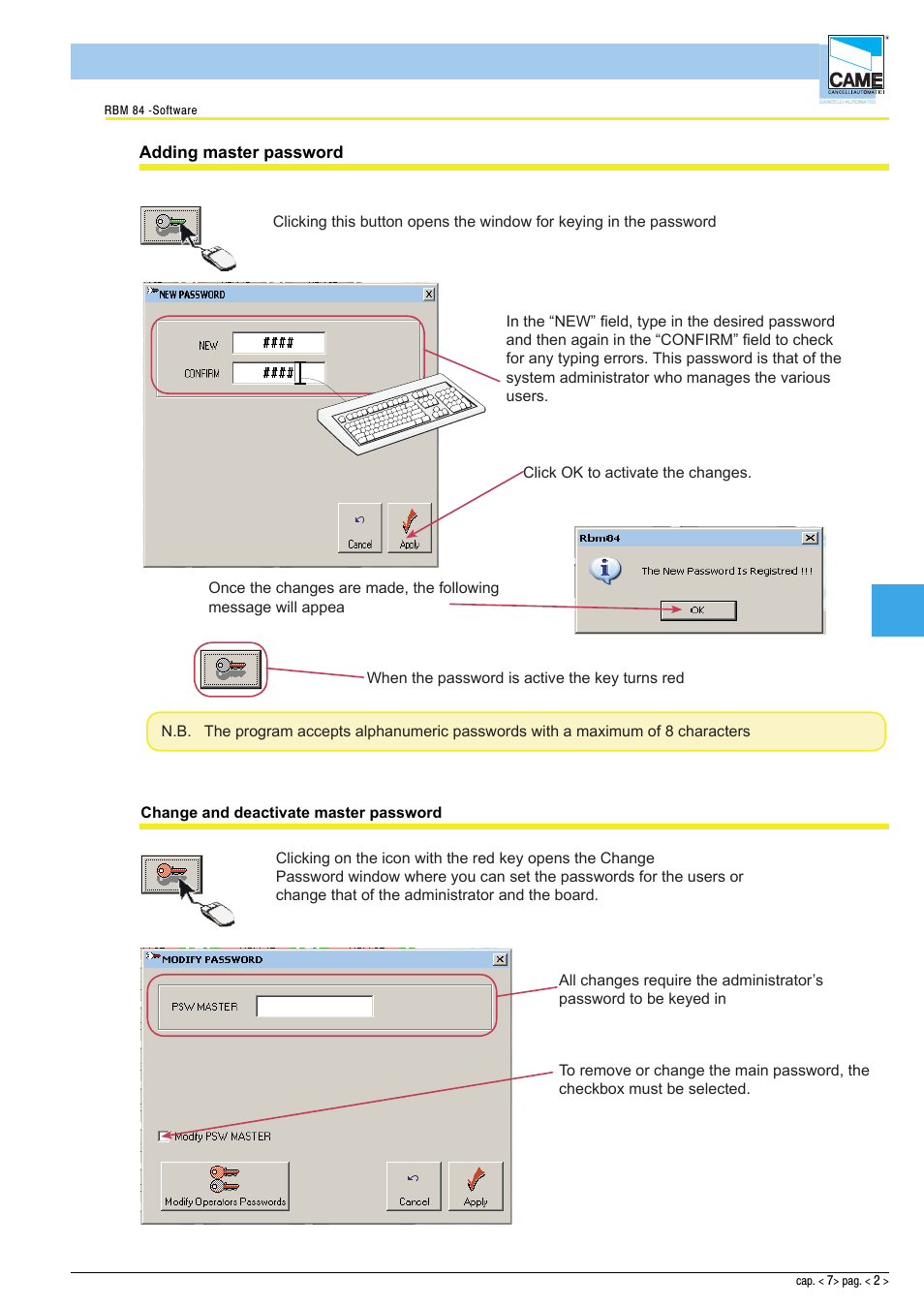 Software - password | CAME Rbm84 User Manual | Page 74 / 81