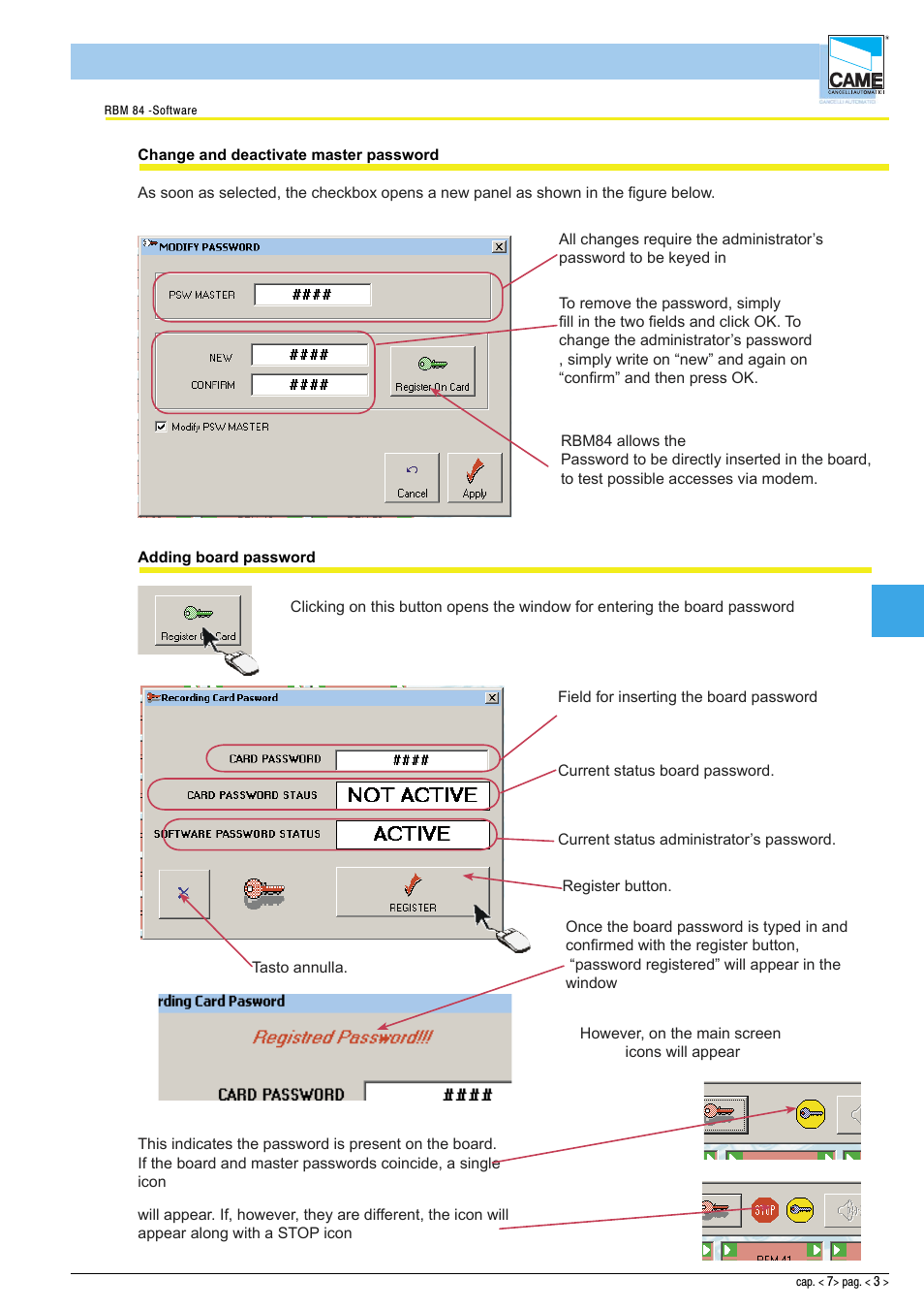 Software - password | CAME Rbm84 User Manual | Page 75 / 81