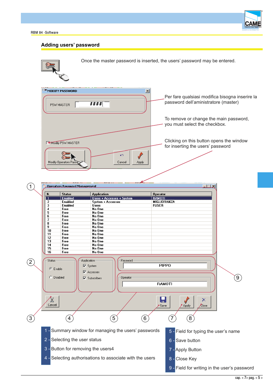 Software - password | CAME Rbm84 User Manual | Page 77 / 81