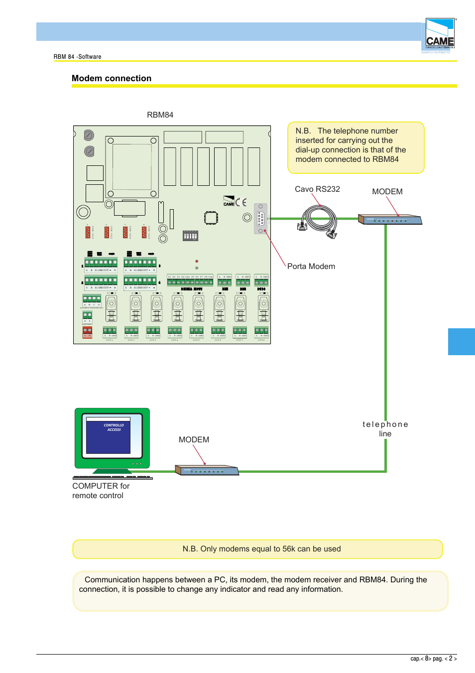 Software - modem, Modem connection, Cap 8 | Rbm 84 -software, P sio 1 | CAME Rbm84 User Manual | Page 79 / 81
