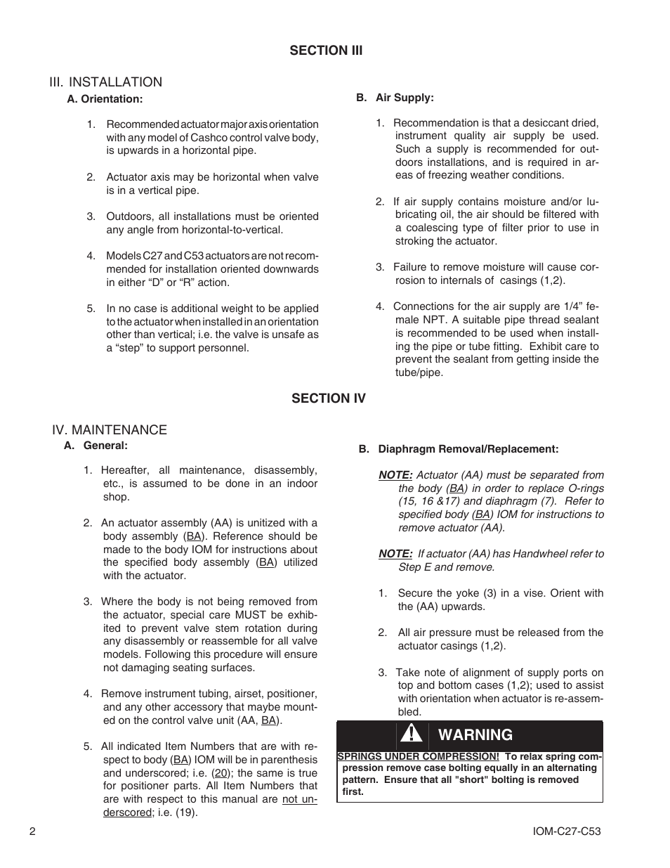 Warning | Cashco C27 - C53 Actuator User Manual | Page 2 / 16