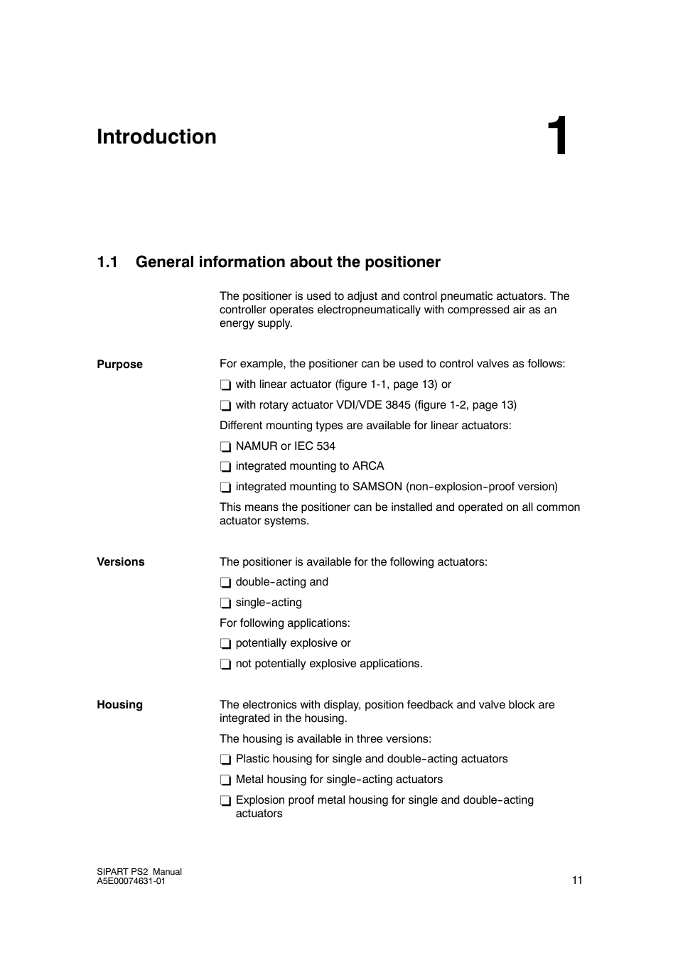 1 introduction, 1 general information about the positioner, Introduction | General information about the positioner | Cashco Siemens PS2 I/P User Manual | Page 11 / 112