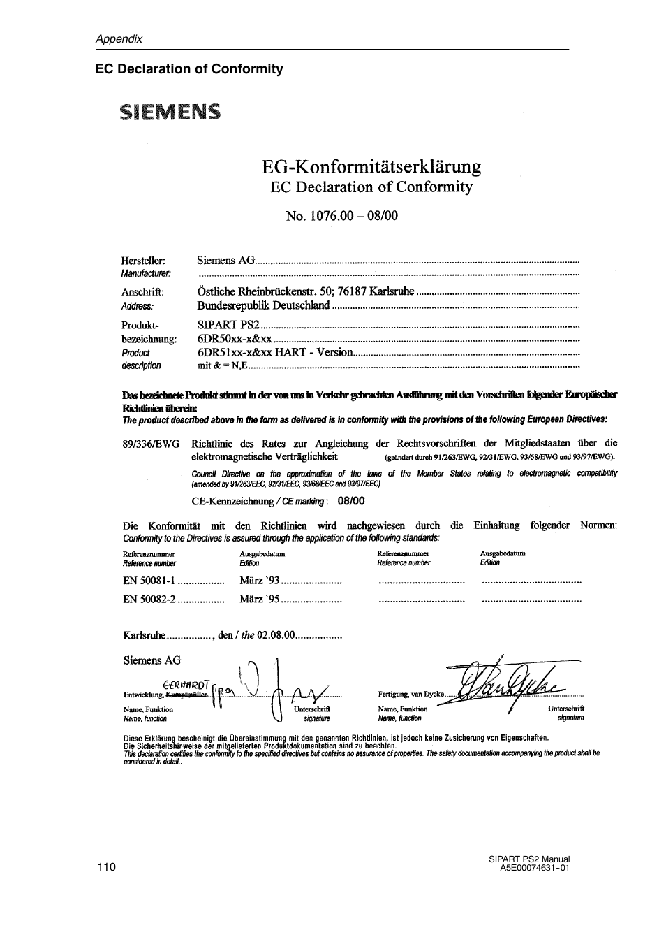 Ec declaration of conformity | Cashco Siemens PS2 I/P User Manual | Page 110 / 112