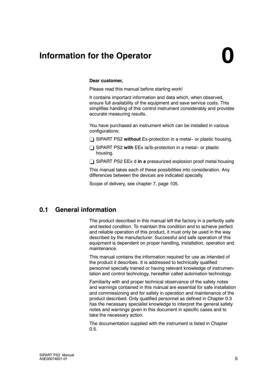 0 information for the operator, 1 general information, Information for the operator | Cashco Siemens PS2 I/P User Manual | Page 5 / 112
