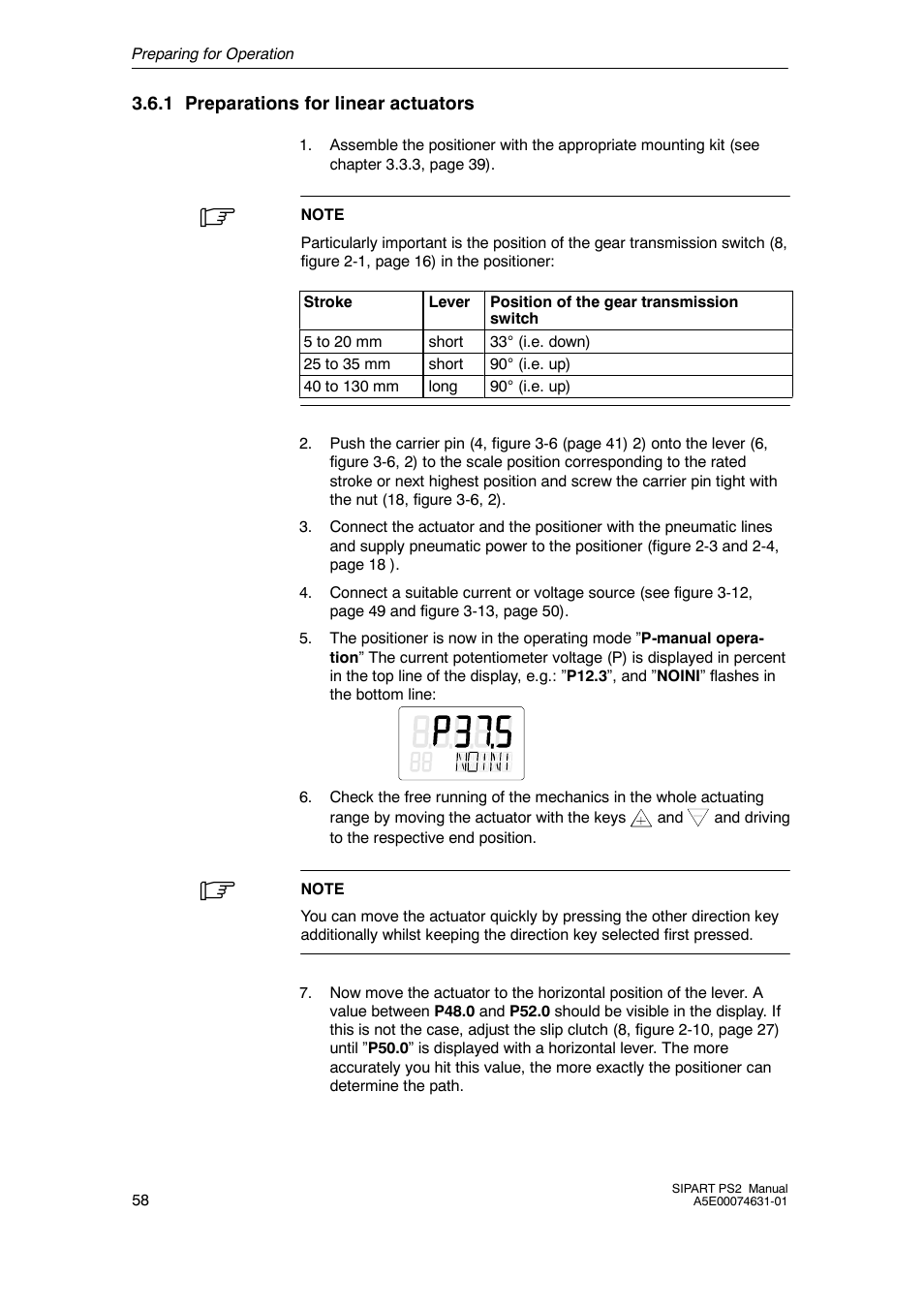 1 preparations for linear actuators, Preparations for linear actuators | Cashco Siemens PS2 I/P User Manual | Page 58 / 112