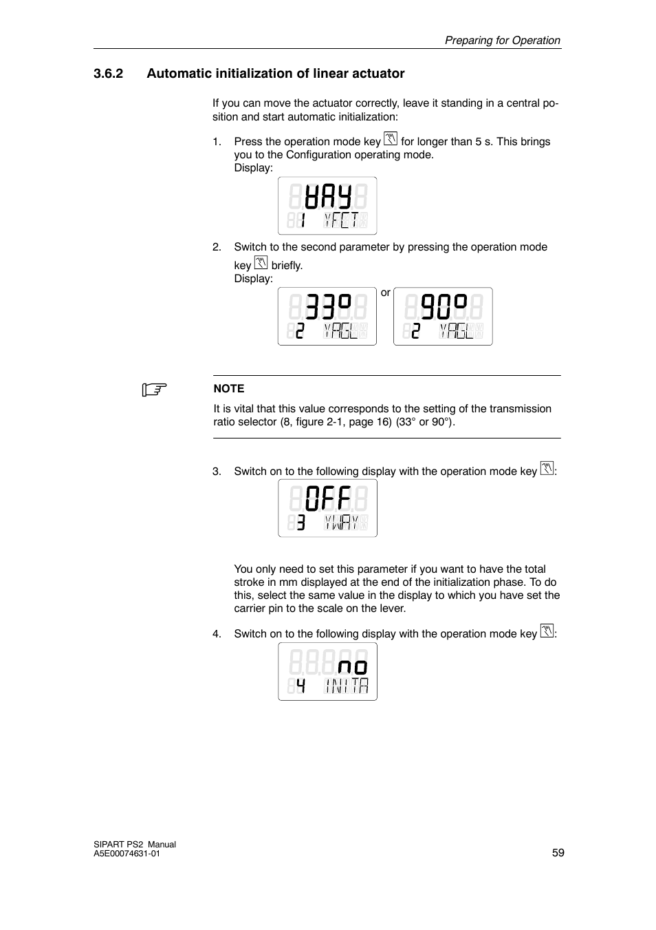 2 automatic initialization of linear actuator, Automatic initialization of linear actuator | Cashco Siemens PS2 I/P User Manual | Page 59 / 112