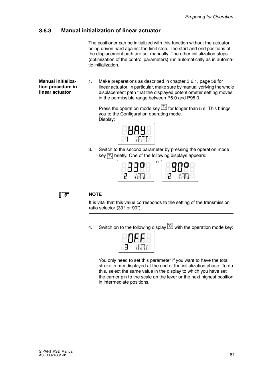 3 manual initialization of linear actuator, Manual initialization of linear actuator | Cashco Siemens PS2 I/P User Manual | Page 61 / 112