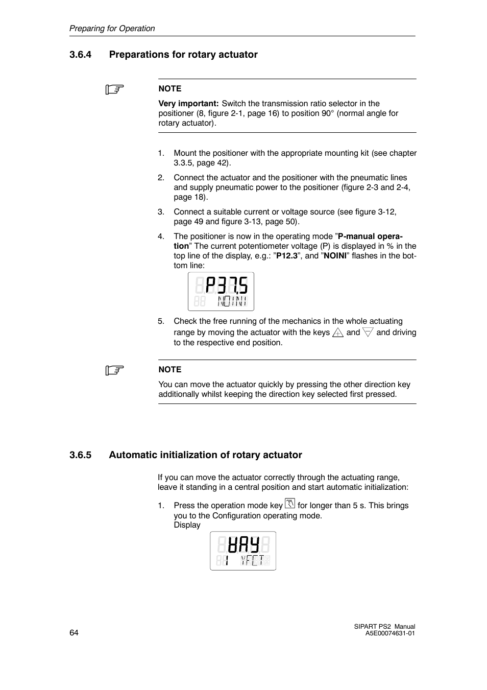 4 preparations for rotary actuator, 5 automatic initialization of rotary actuator, Preparations for rotary actuator | Automatic initialization of rotary actuator | Cashco Siemens PS2 I/P User Manual | Page 64 / 112