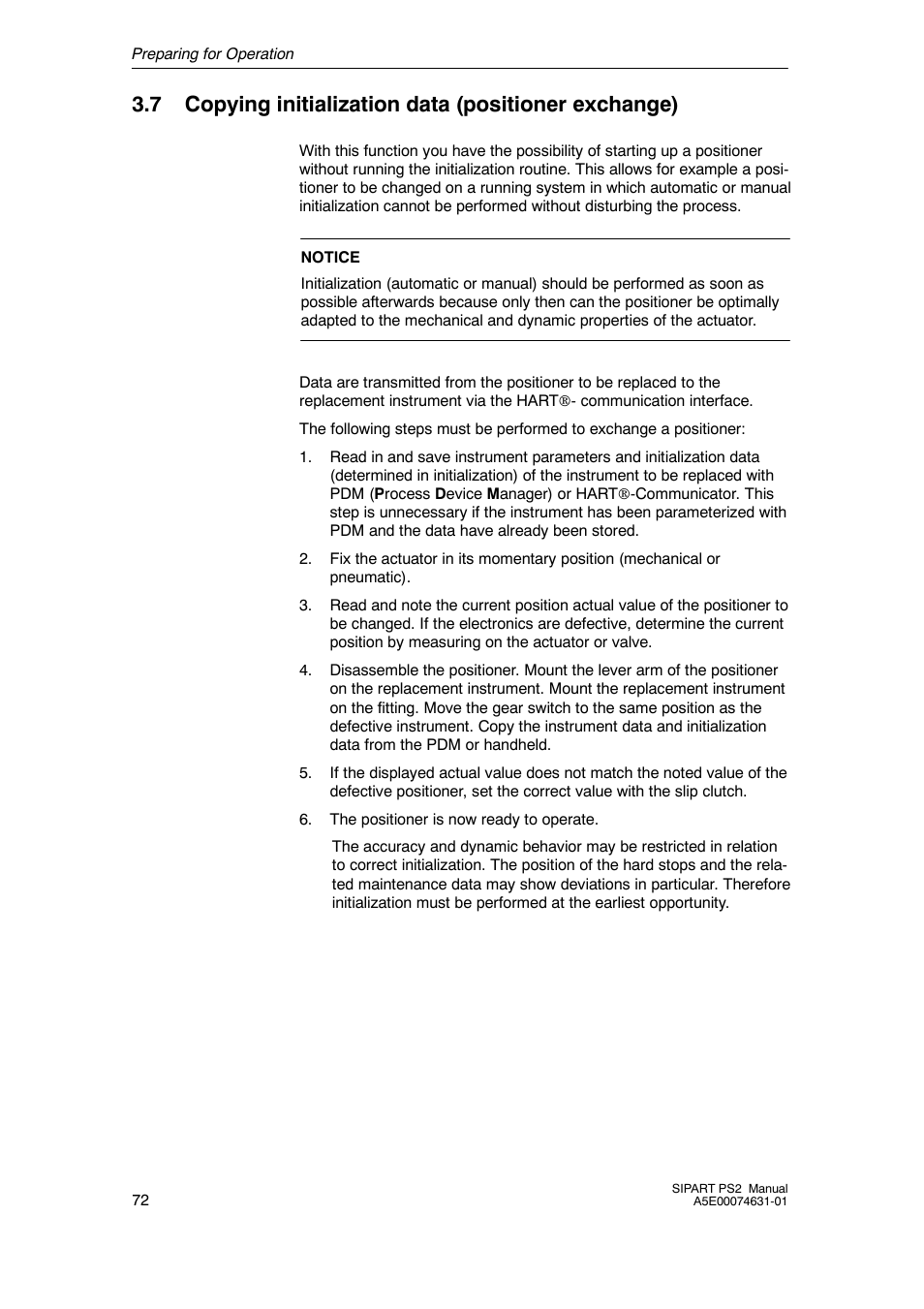 Copying initialization data (positioner exchange) | Cashco Siemens PS2 I/P User Manual | Page 72 / 112