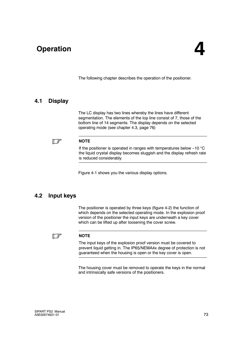 4 operation, 1 display, 2 input keys | Operation, Display, Input keys | Cashco Siemens PS2 I/P User Manual | Page 73 / 112