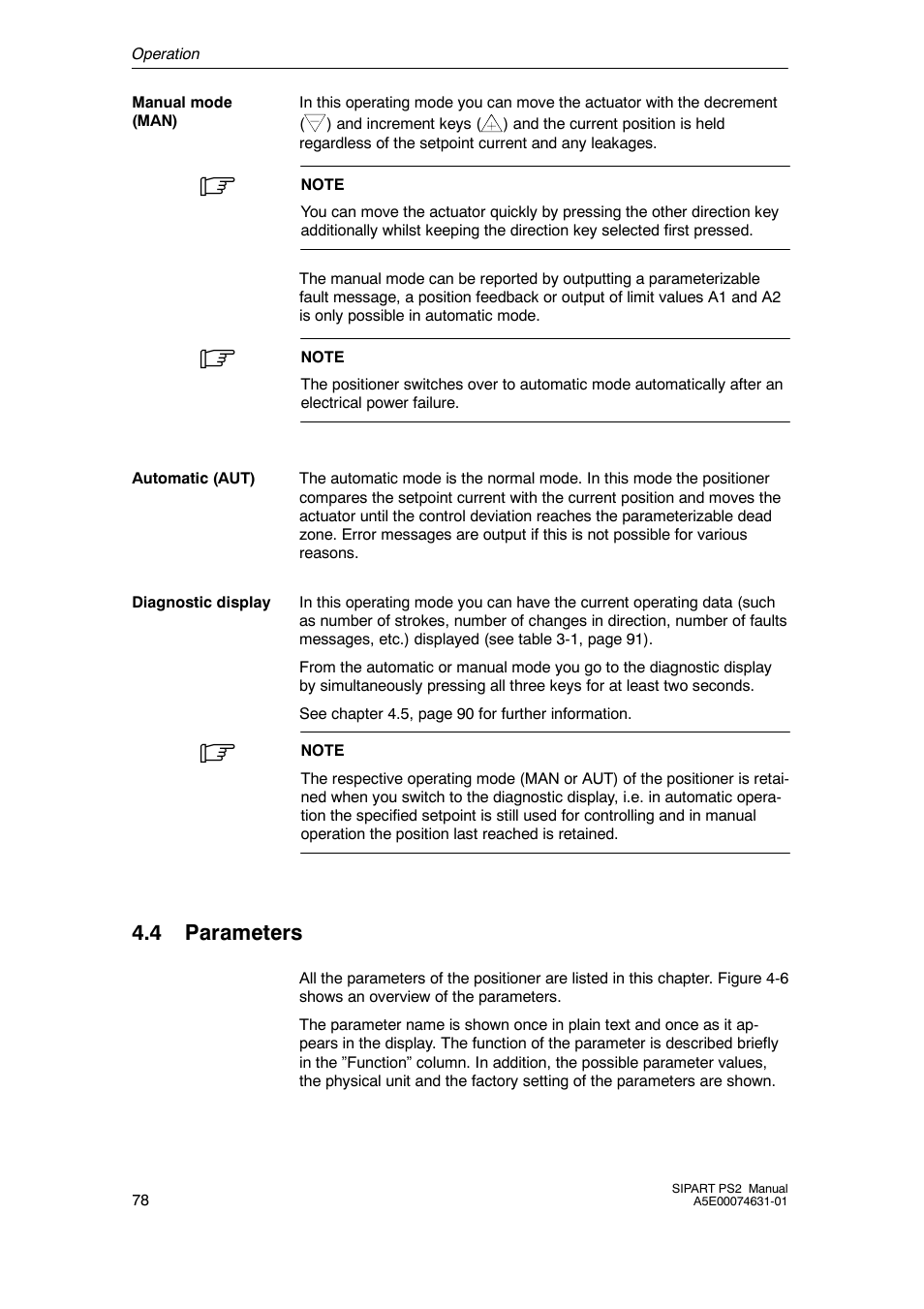 4 parameters, Parameters | Cashco Siemens PS2 I/P User Manual | Page 78 / 112
