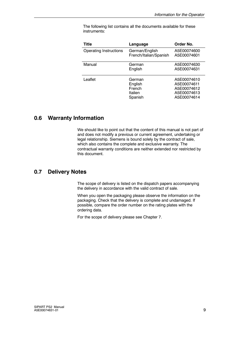 6 warranty information, 7 delivery notes, Warranty information | Delivery notes | Cashco Siemens PS2 I/P User Manual | Page 9 / 112