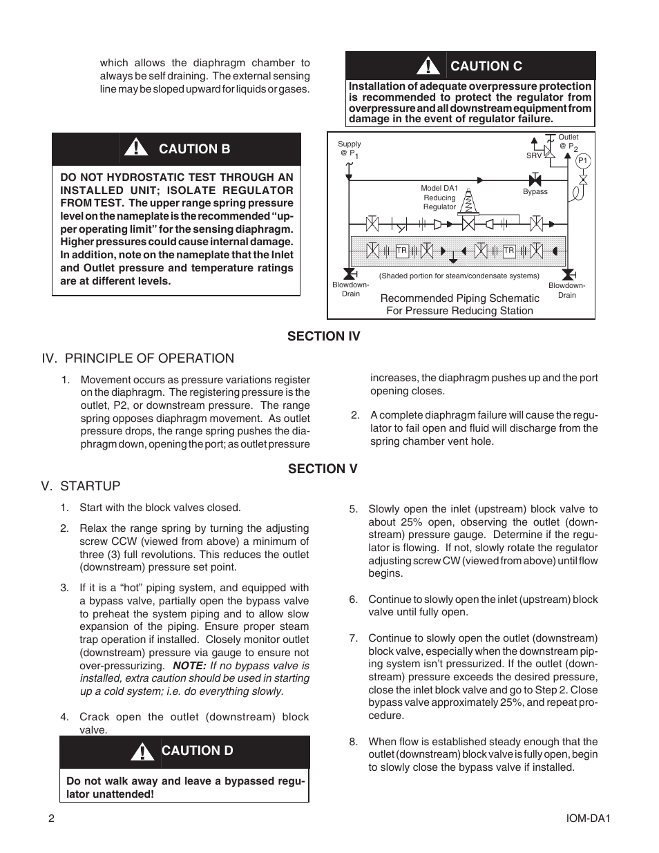 Caution b, Iv. principle of operation, V. startup | Caution c | Cashco DA1 User Manual | Page 2 / 16