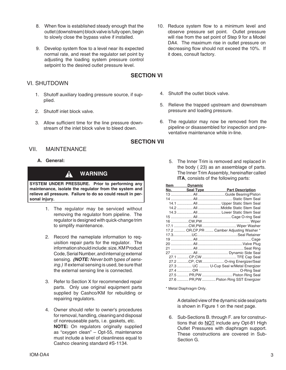 Vi. shutdown, Vii. maintenance, Warning | Cashco DA4 User Manual | Page 3 / 16