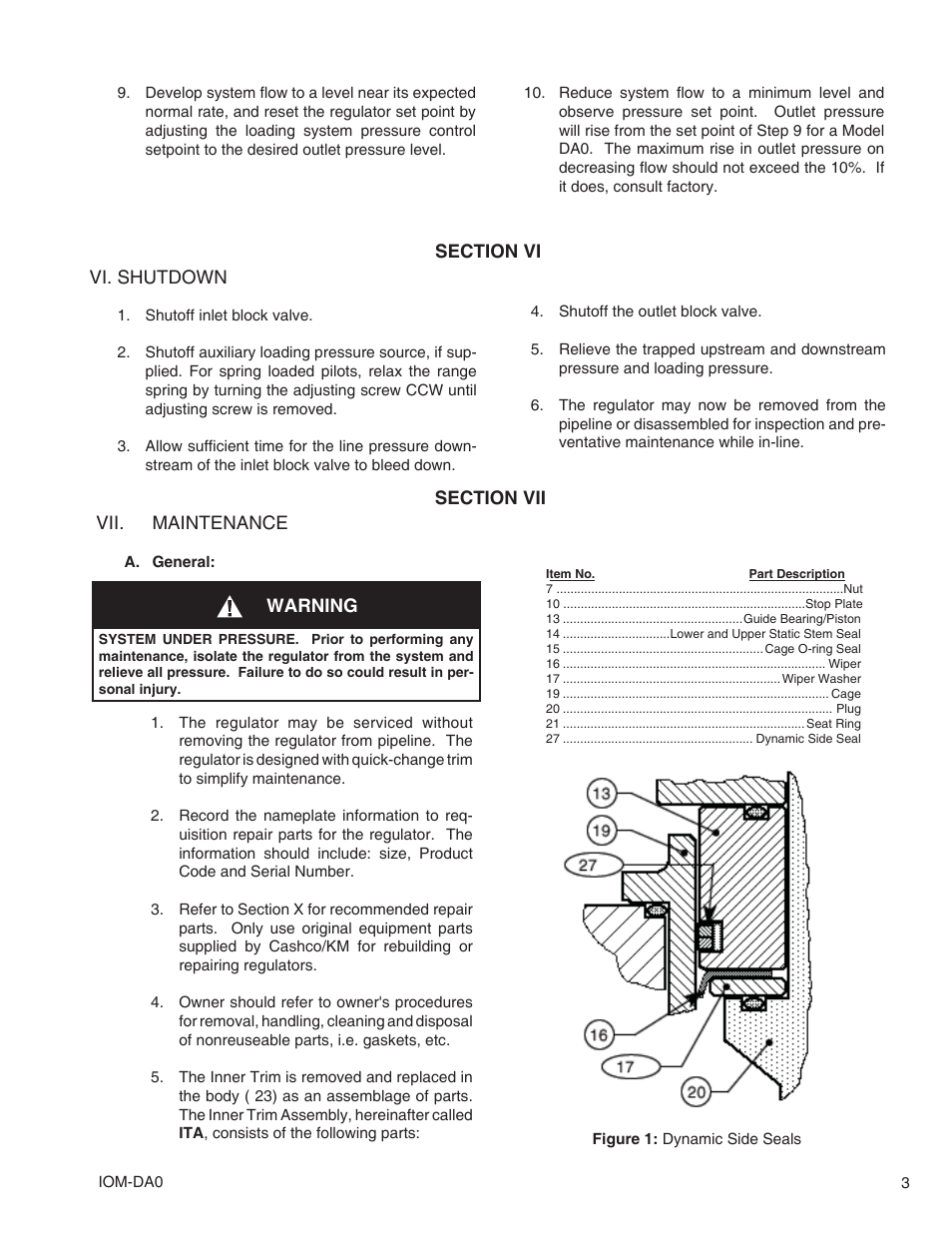 Vi. shutdown, Vii. maintenance, Warning | Cashco DA0 User Manual | Page 3 / 12