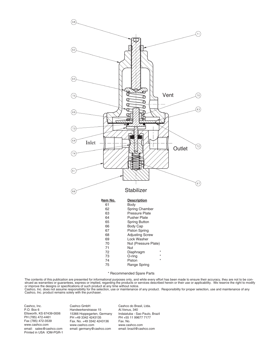 Stabilizer, Inlet outlet vent | Cashco PGR-1 User Manual | Page 16 / 16