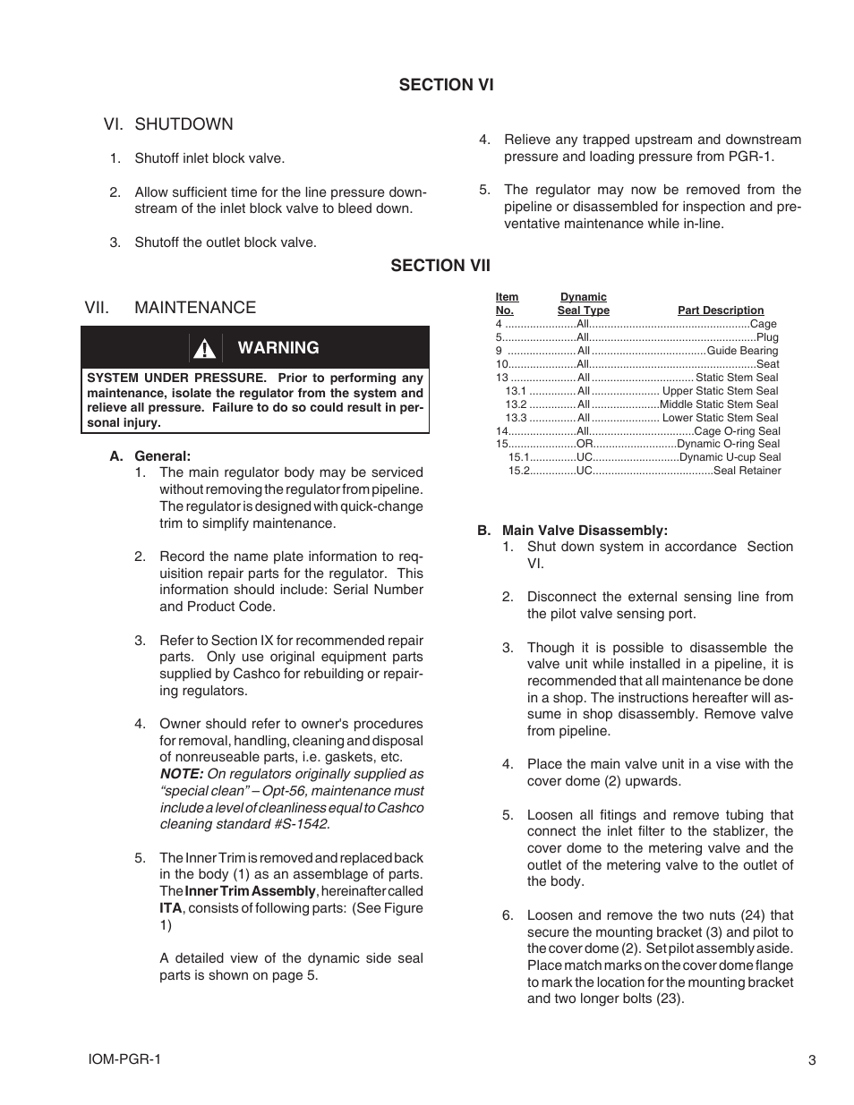 Vi. shutdown, Warning | Cashco PGR-1 User Manual | Page 3 / 16