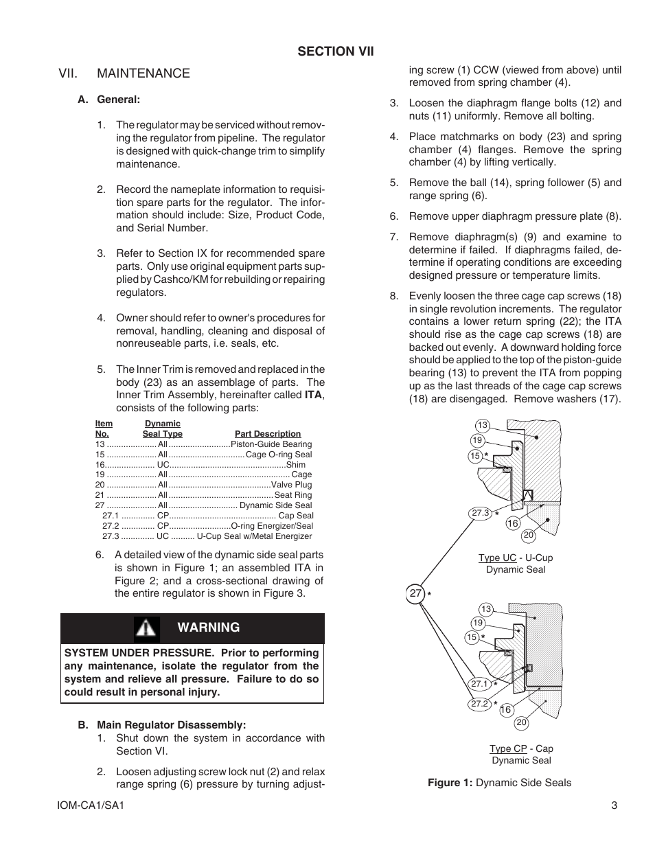Vii. maintenance, Warning | Cashco SA1 User Manual | Page 3 / 12