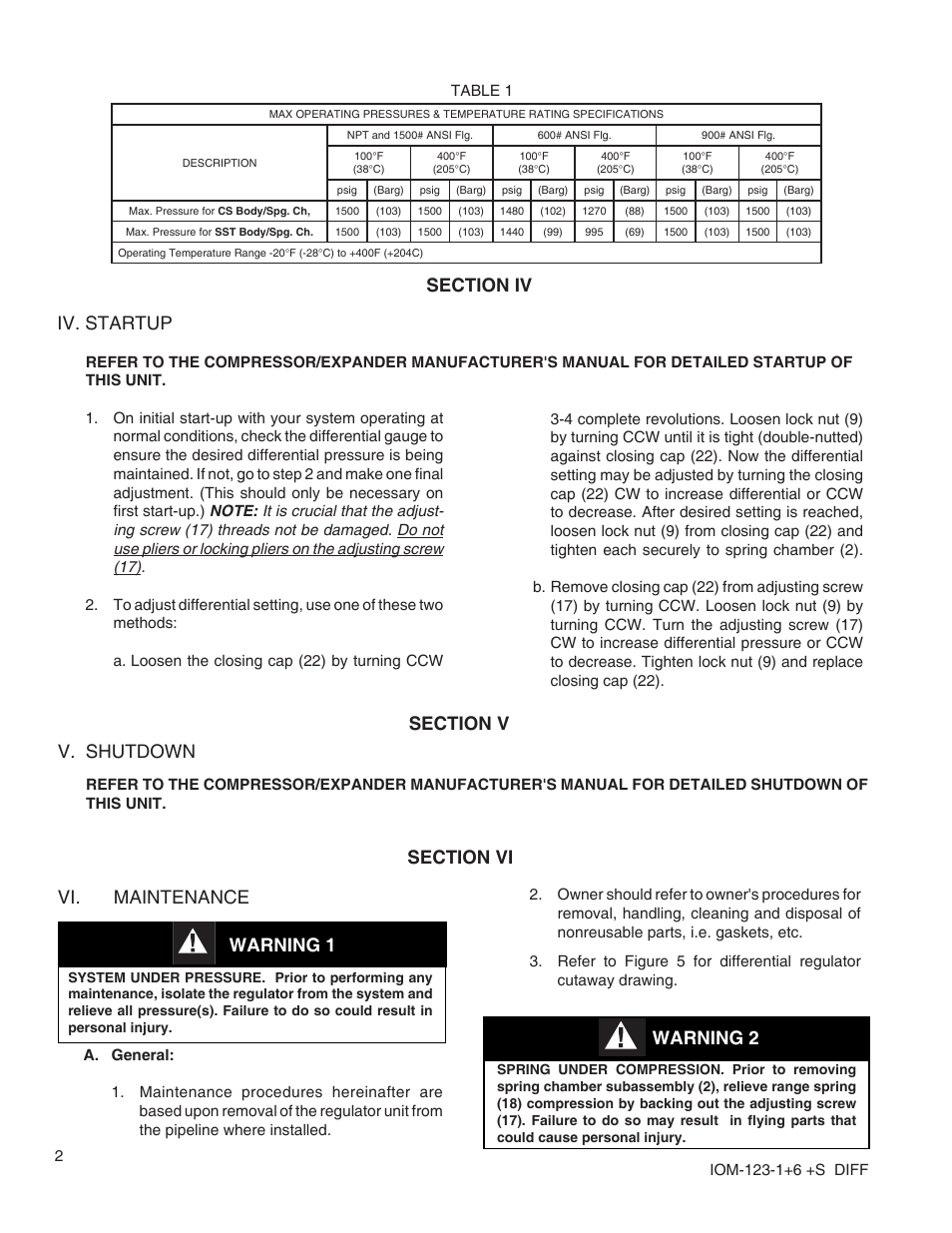 Vi. maintenance, Warning 1 | Cashco 123-1+6+S User Manual | Page 2 / 8