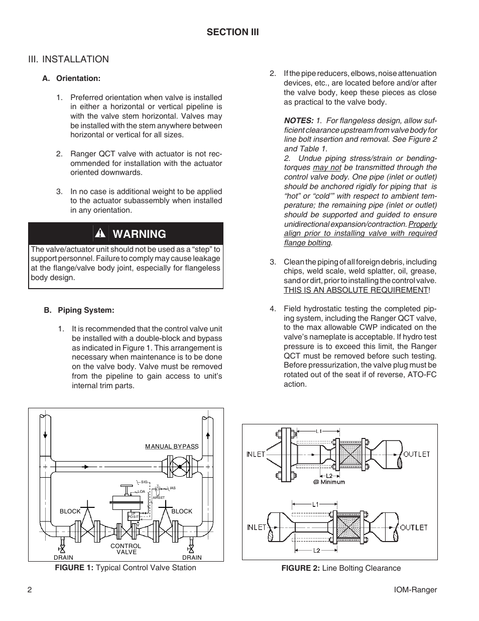 Warning, Iii. installation | Cashco Ranger QCT User Manual | Page 2 / 24