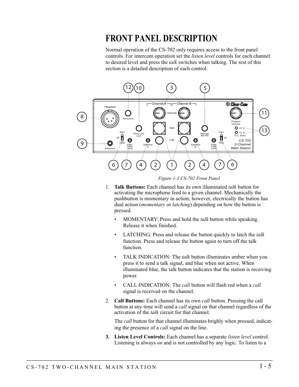 Front panel description, Front panel description -5 | Clear-Com CS-702 User Manual | Page 11 / 36