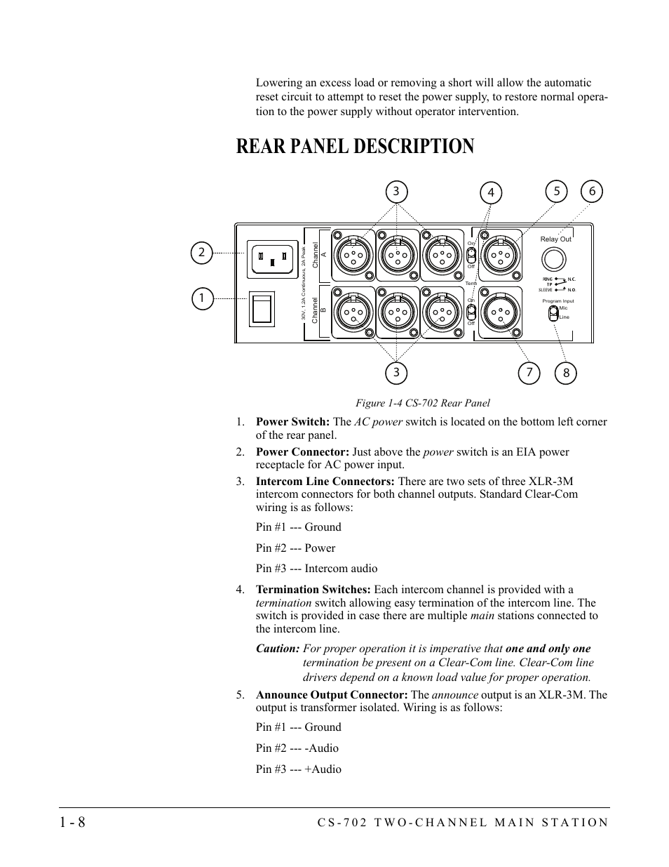 Rear panel description, Rear panel description -8 | Clear-Com CS-702 User Manual | Page 14 / 36