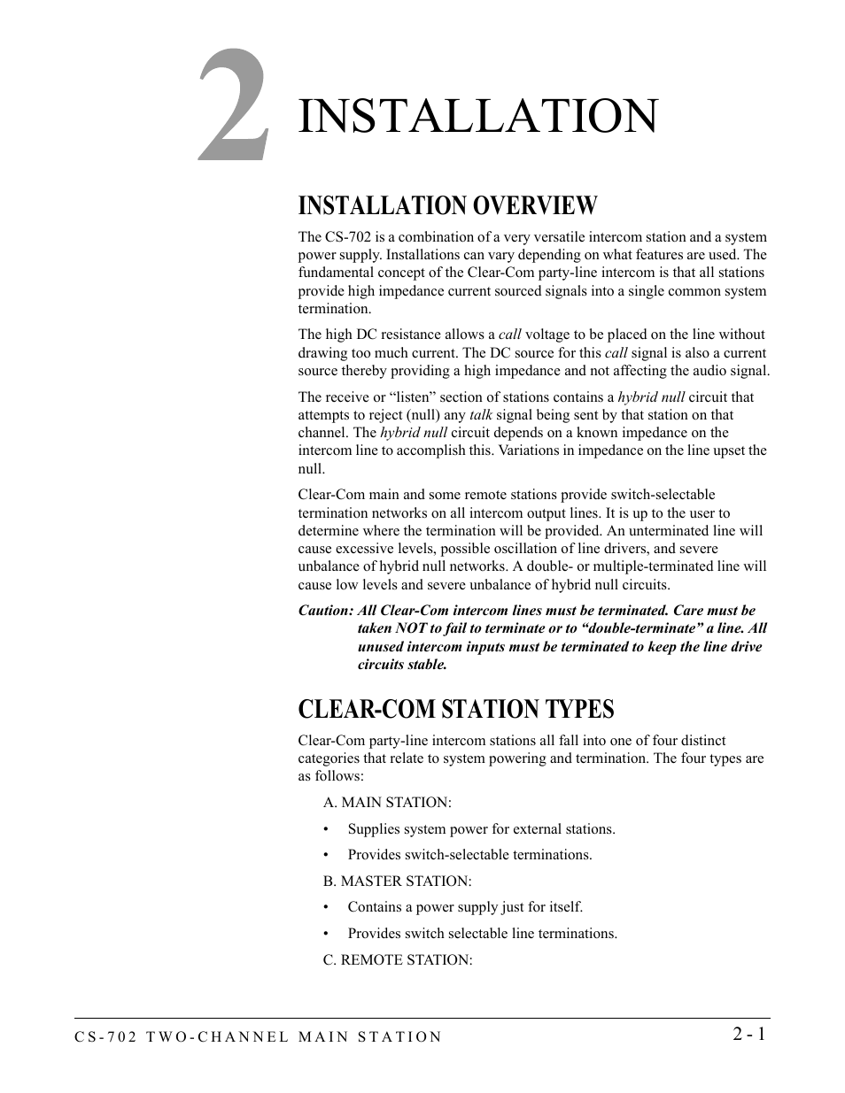 Installation, Installation overview, Clear-com station types | Installation -1 | Clear-Com CS-702 User Manual | Page 17 / 36