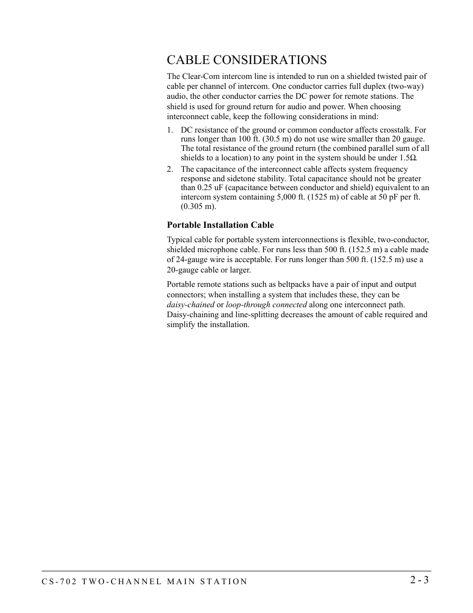 Cable considerations, Portable installation cable, Cable considerations -3 | Portable installation cable -3 | Clear-Com CS-702 User Manual | Page 19 / 36