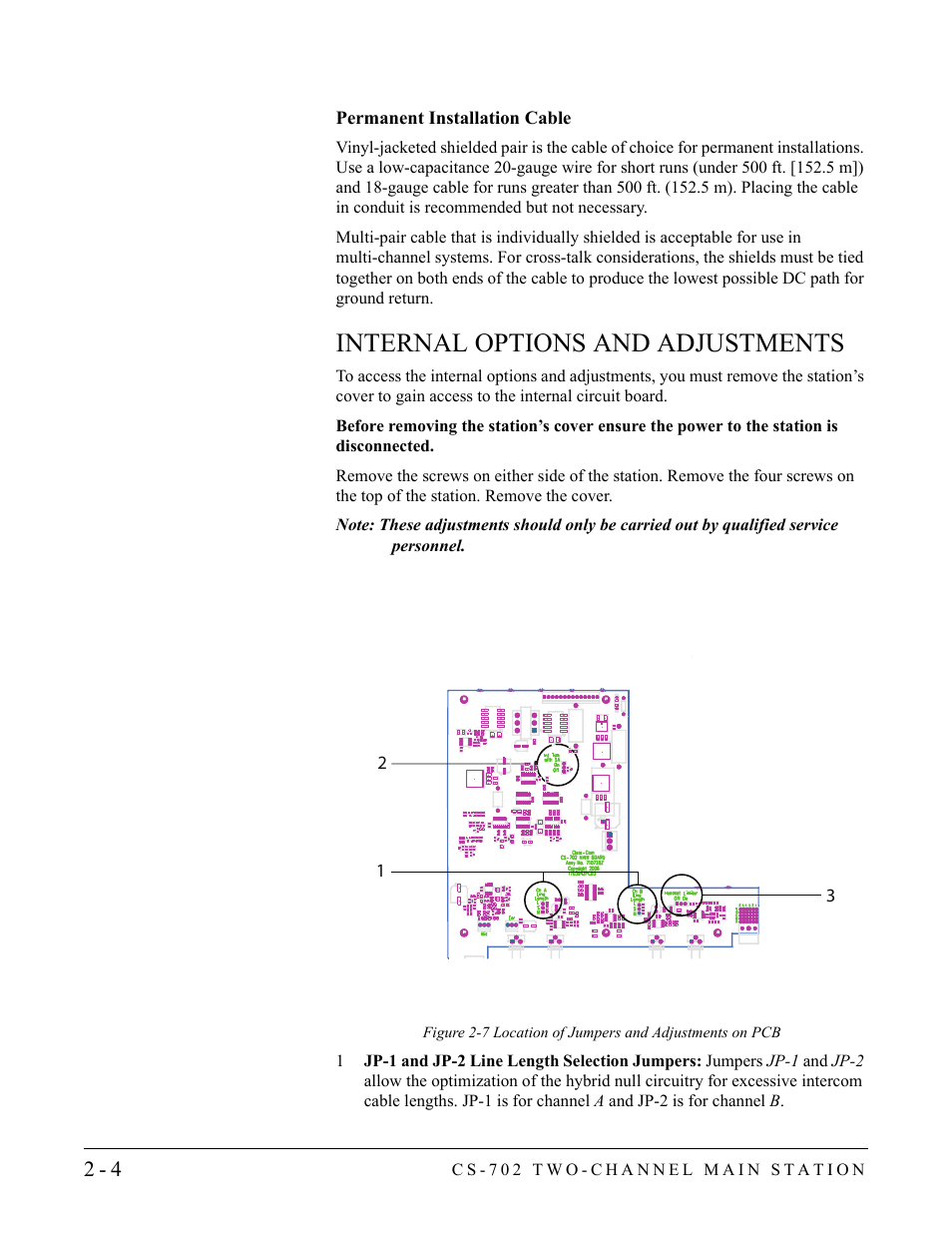 Permanent installation cable, Internal options and adjustments, Permanent installation cable -4 | Internal options and adjustments -4 | Clear-Com CS-702 User Manual | Page 20 / 36