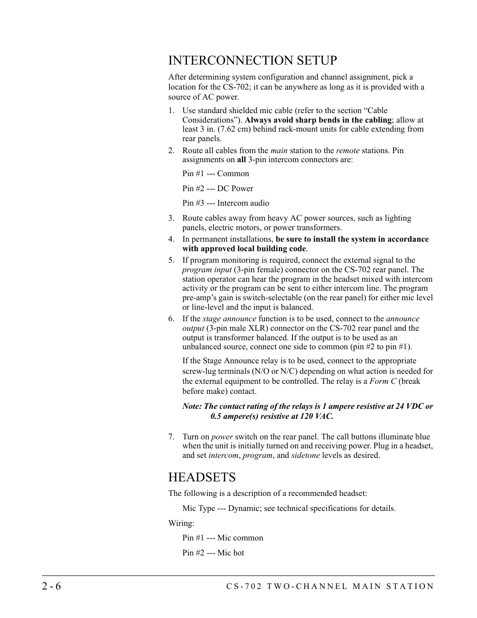 Interconnection setup, Headsets, Interconnection setup -6 headsets -6 | Clear-Com CS-702 User Manual | Page 22 / 36