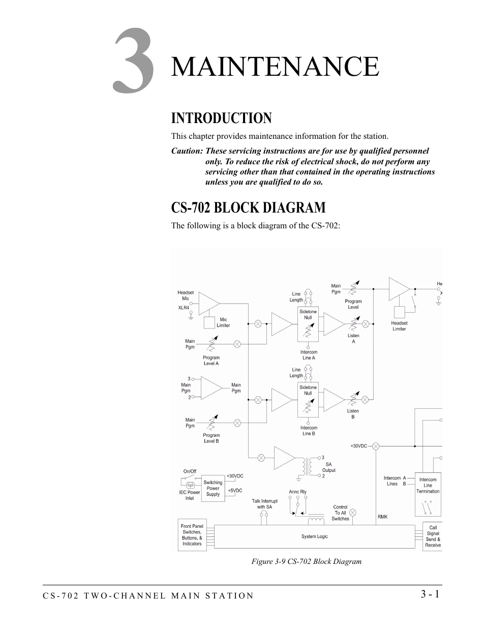 Maintenance, Introduction, Cs-702 block diagram | Maintenance -1, Introduction -1 cs-702 block diagram -1 | Clear-Com CS-702 User Manual | Page 25 / 36