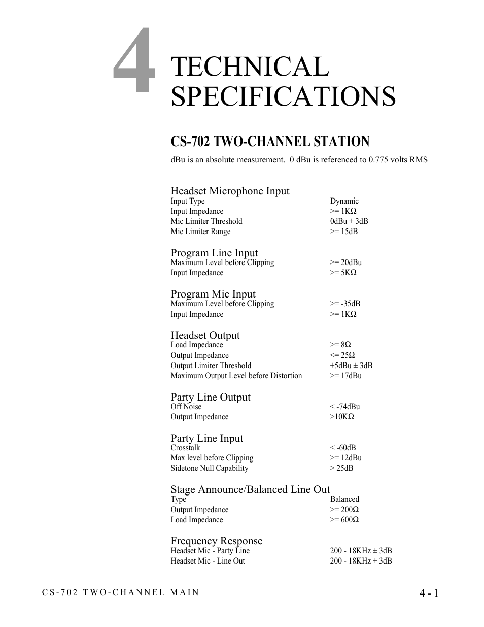 Technical specifications, Cs-702 two-channel station, Technical specifications -1 | Cs-702 two-channel station -1 | Clear-Com CS-702 User Manual | Page 29 / 36