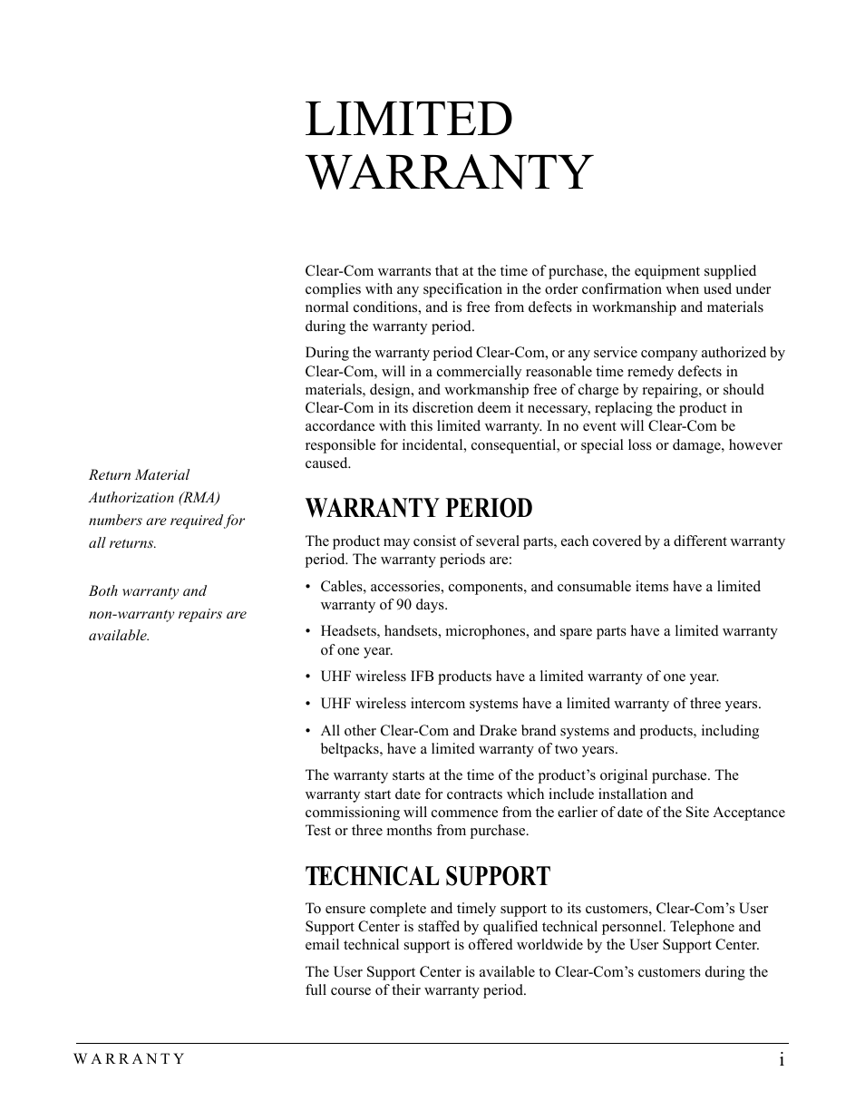 Limited warranty, Warranty period, Technical support | Limited warranty -i, Warranty period -i technical support -i | Clear-Com CS-702 User Manual | Page 33 / 36