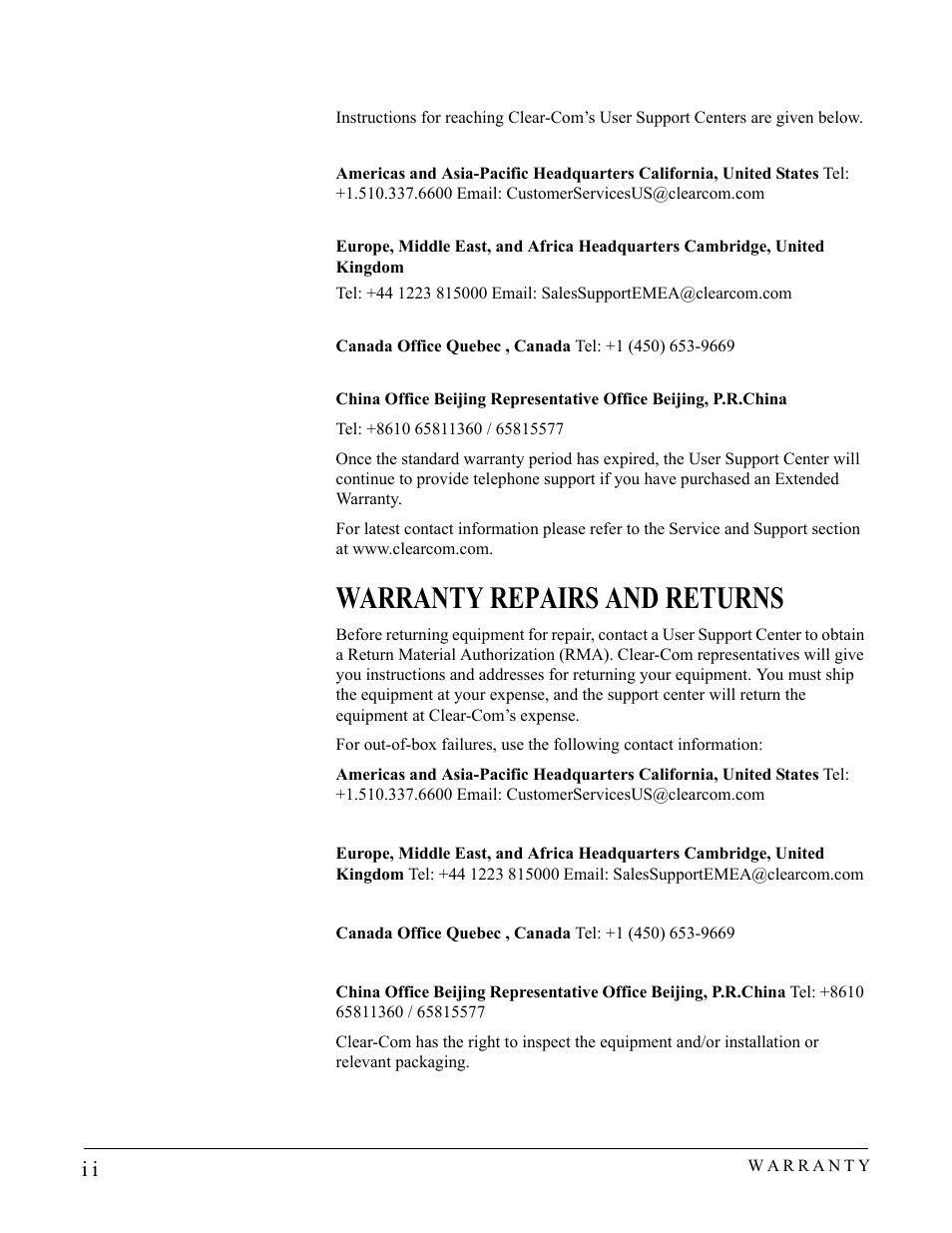 Warranty repairs and returns, Warranty repairs and returns -ii | Clear-Com CS-702 User Manual | Page 34 / 36