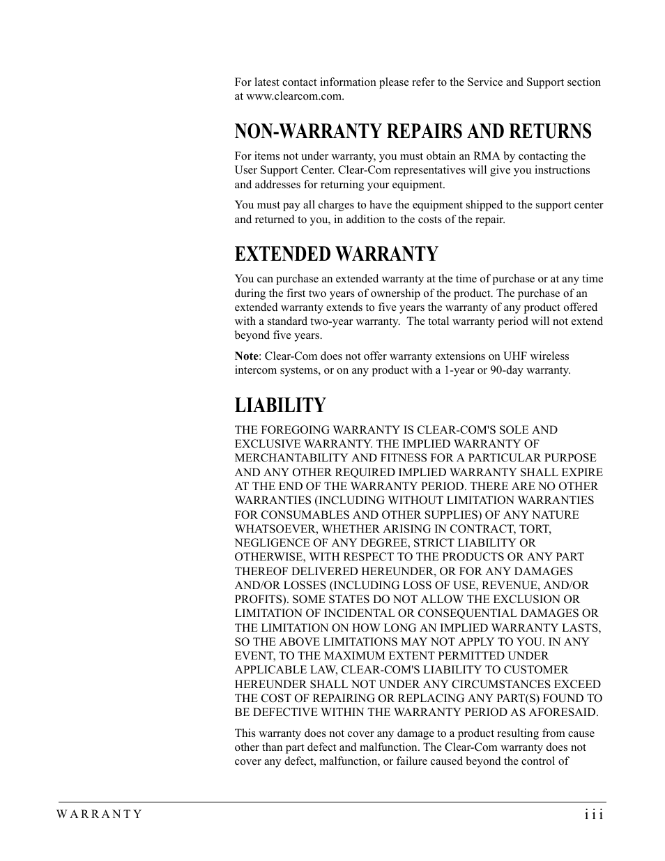 Non-warranty repairs and returns, Extended warranty, Liability | Clear-Com CS-702 User Manual | Page 35 / 36