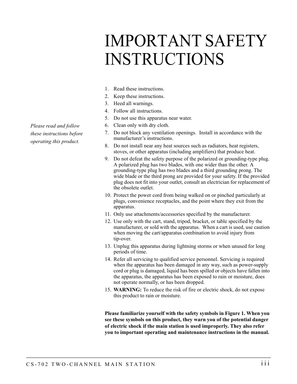 Important safety instructions | Clear-Com CS-702 User Manual | Page 5 / 36