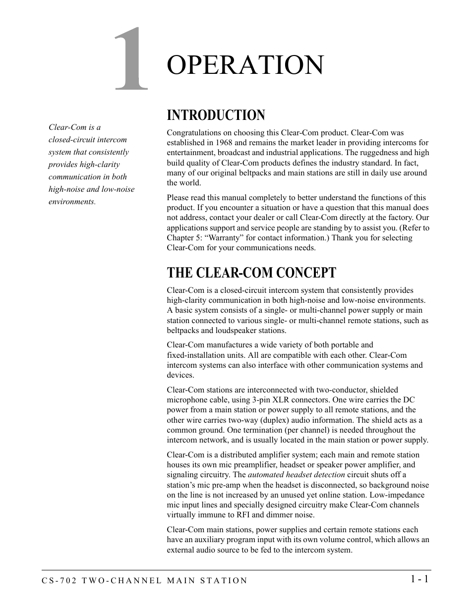 Operation, Introduction, The clear-com concept | Operation -1, Introduction -1 the clear-com concept -1 | Clear-Com CS-702 User Manual | Page 7 / 36