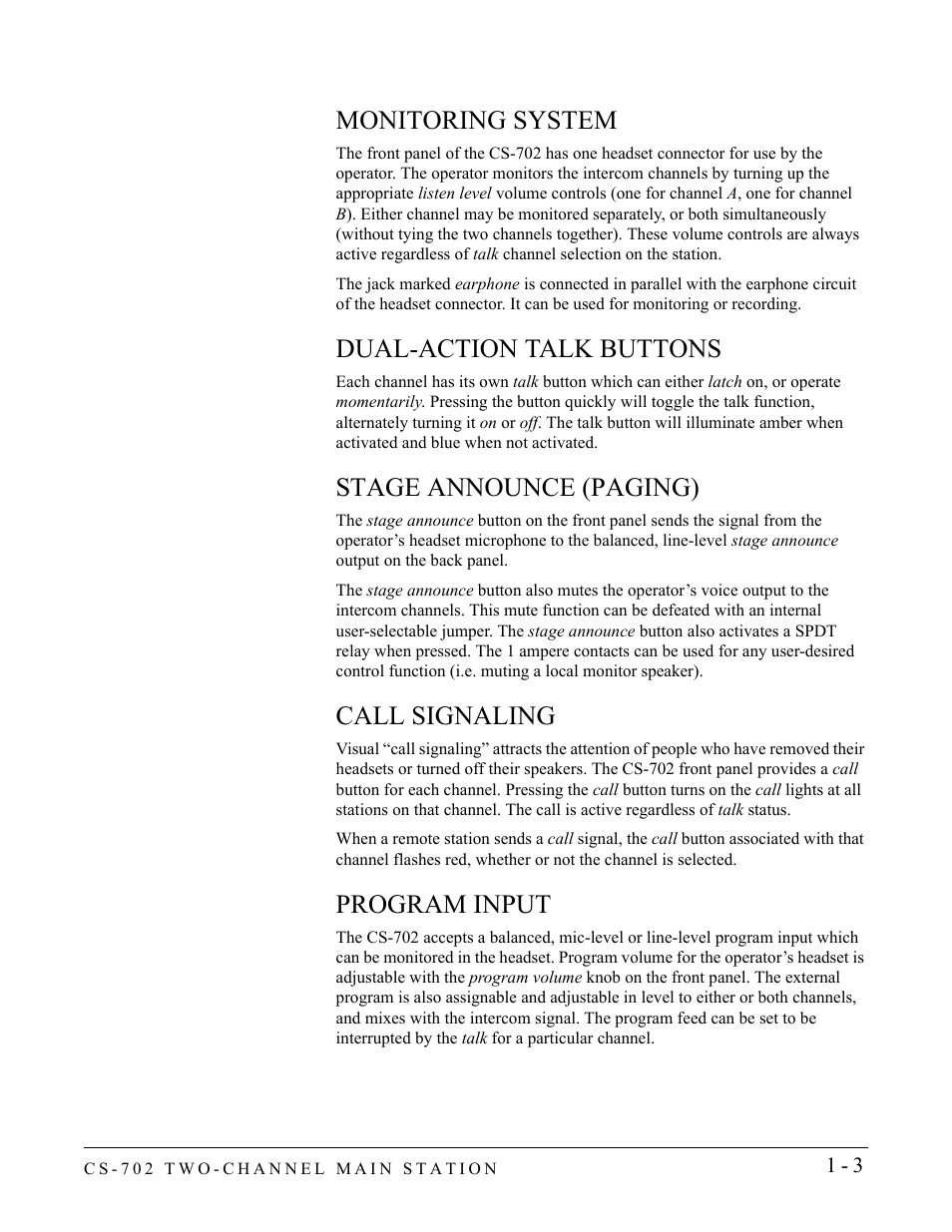 Monitoring system, Dual-action talk buttons, Stage announce (paging) | Call signaling, Program input | Clear-Com CS-702 User Manual | Page 9 / 36