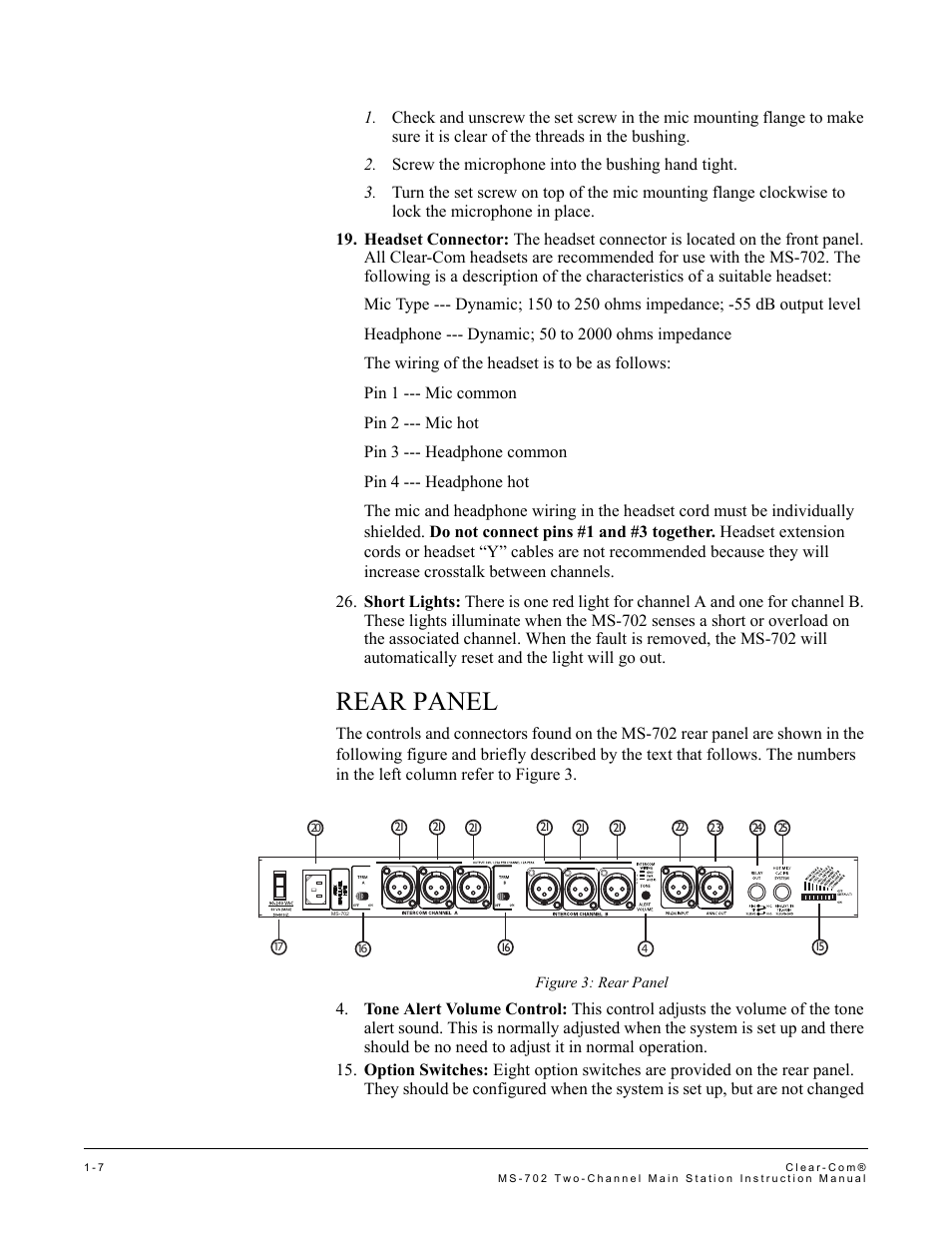 Rear panel, Rear panel -7 | Clear-Com MS-702 User Manual | Page 13 / 32