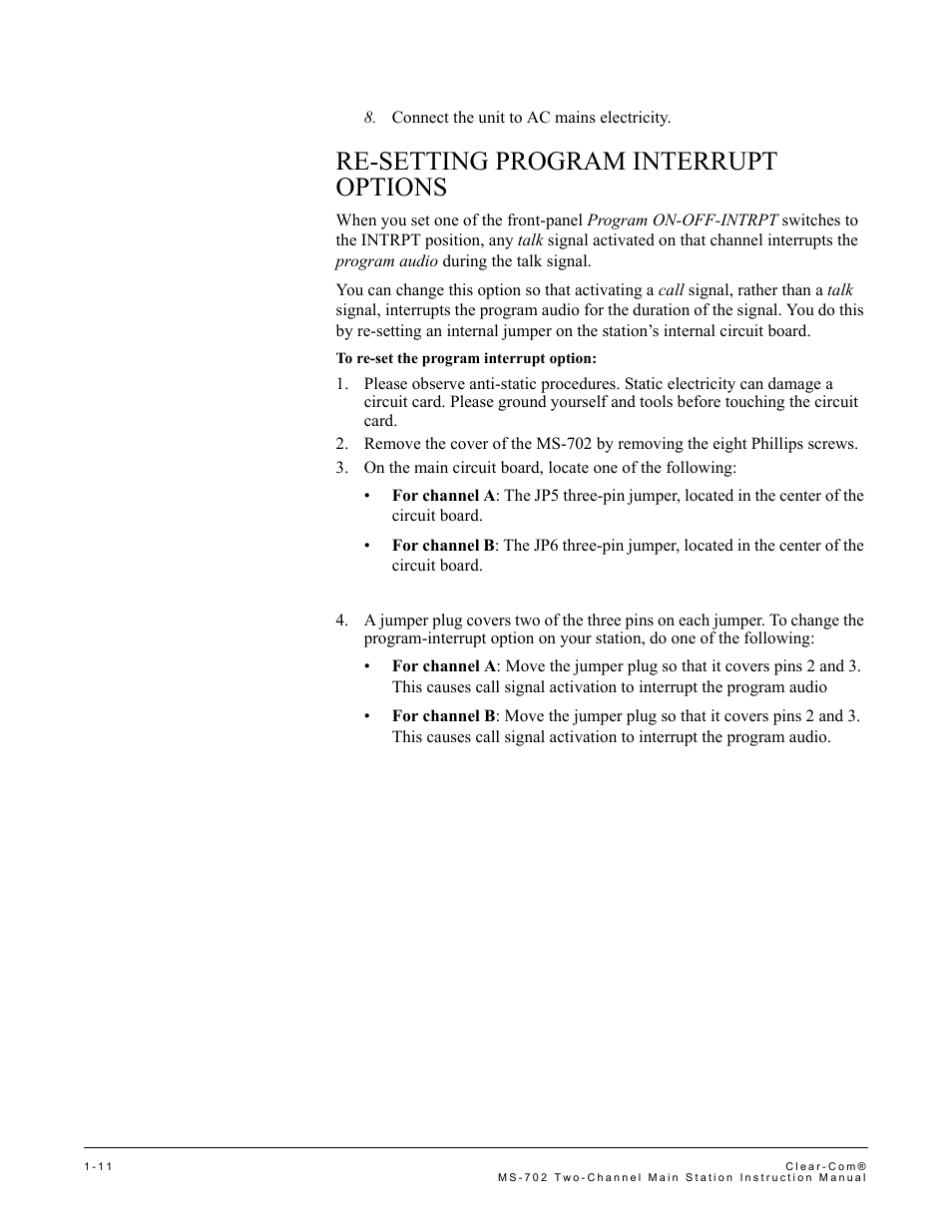 Re-setting program interrupt options, Re-setting program interrupt options -10 | Clear-Com MS-702 User Manual | Page 17 / 32