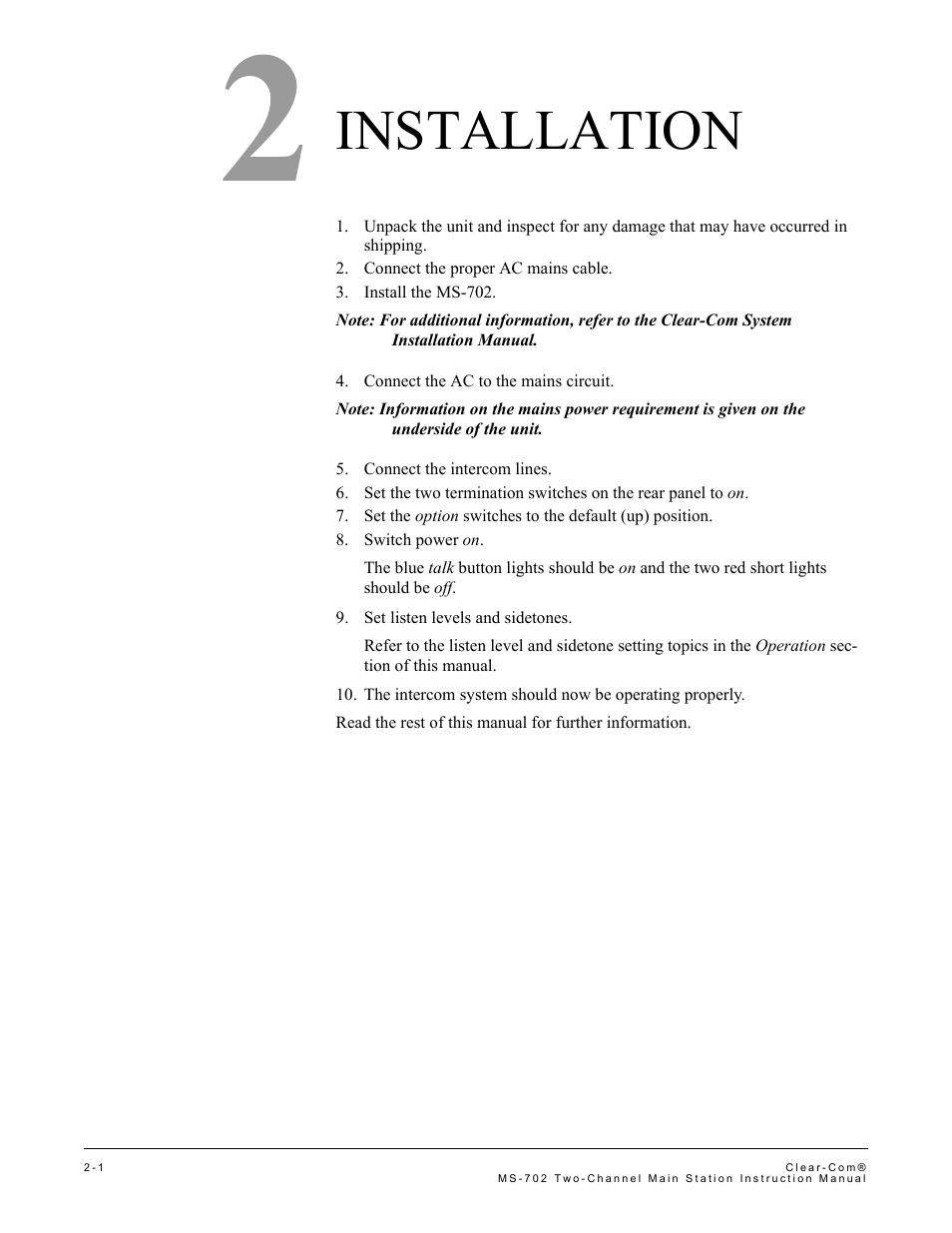 Installation, Installation -1 | Clear-Com MS-702 User Manual | Page 19 / 32